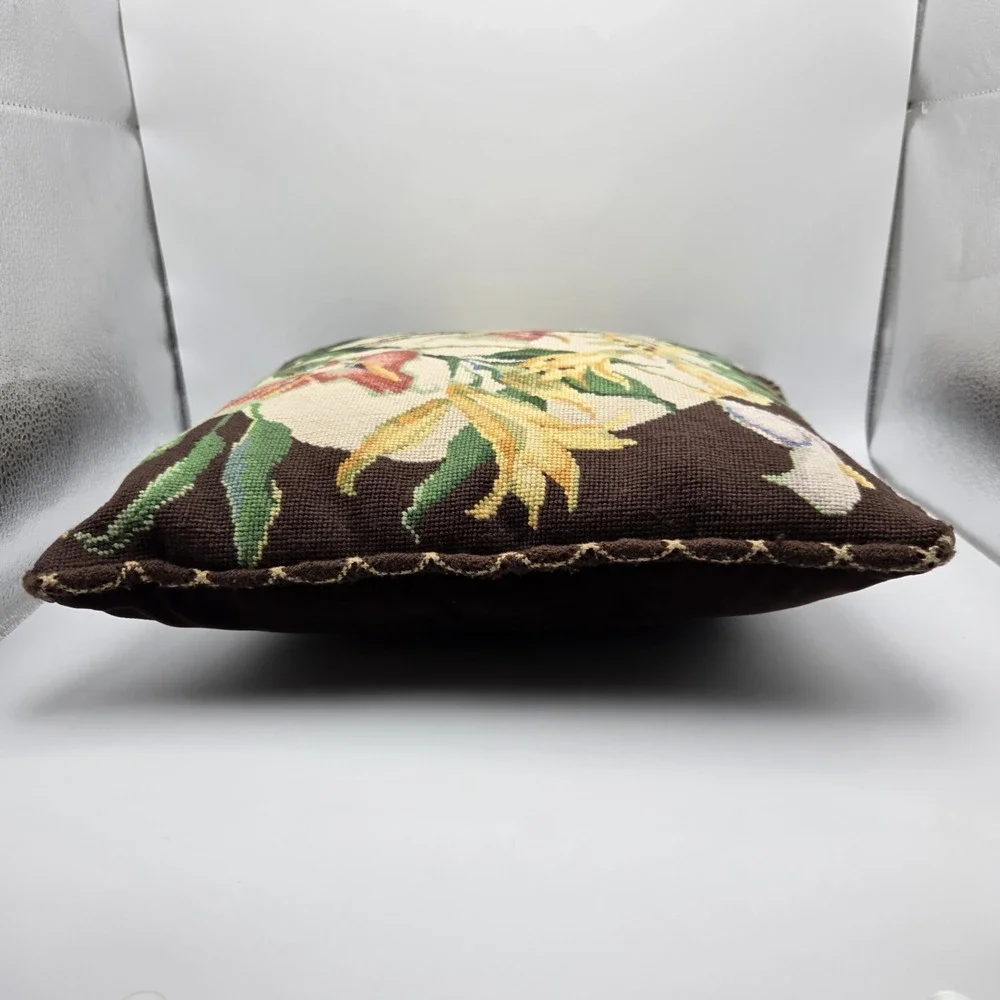 Vintage Needlepoint Brown Lilly Floral Throw Pillow Grandmacore Cottagecore